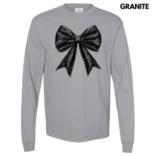 Black Shimmer Bow Long Sleeve Comfort Colors T-Shirt 'NLB'