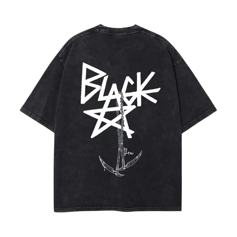 Blackstar X Chain Scythe Soul Eater Washed Heavy Cotton Shirt - Anime Oversize T-Shirt - Classic Menswear in Black with White Design - Top