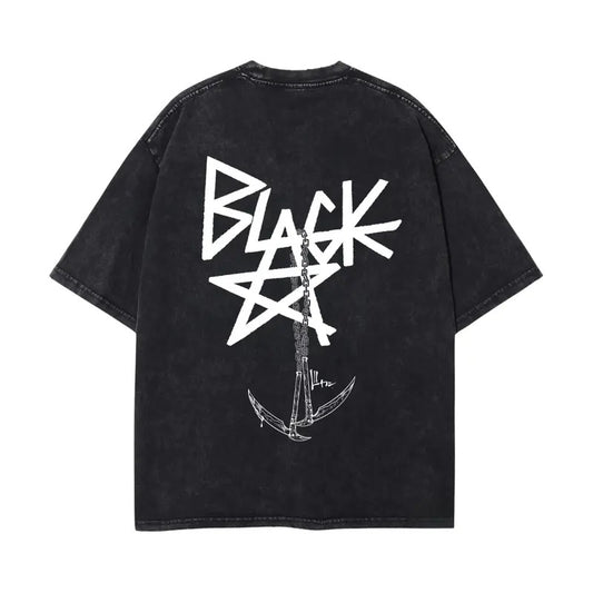 Blackstar X Chain Scythe Soul Eater Washed Heavy Cotton Shirt - Anime Oversize T-Shirt - Classic Menswear in Black with White Design - Top