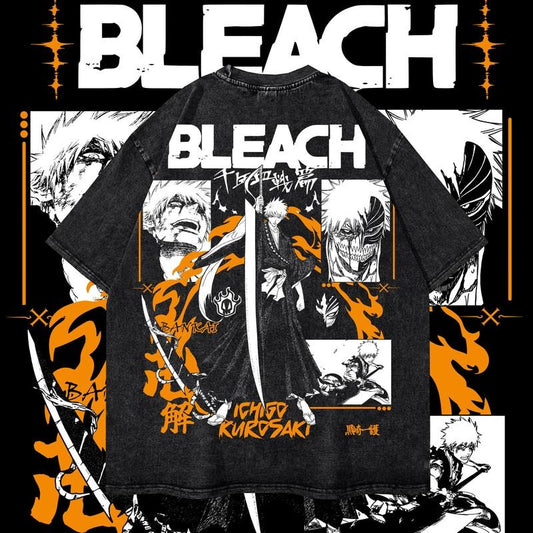 Bleach Anime Vintage Oversized Washed Tee, Ichigo Kurosaki Unisex Heavy Cotton T-Shirt, Special Graphic Design, Classic Style for Anime Fans