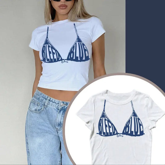 "Bleed Blue" Liberal Cropped Graphic Tees, Anti-Trump Liberal T-Shirt, Vintage Letter Print Casual Tee, Funny Women's Letter Print Short Sleeve Top