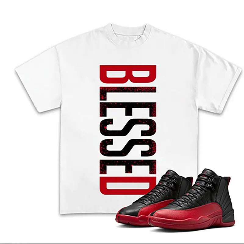 Blessed Match 12 Retro Flu Game Outfits, Trendy Fitted Graphic Tee, Cotton T-shirt for Men with Y2K Streetwear Vibes