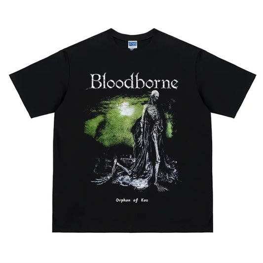 Bloodborne "The Curse" Heavyweight Vintage Tee 100% Cotton OVERSIZED game T-shirt Menswear Top Crew Necks Anime Clothing Casual Streetwear Black Crewneck Tshirt Gamis Baggy Tropical Loose Orphon Of Kos