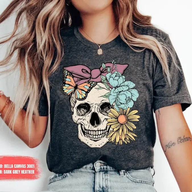Bloom Skull Shirt, Halloween Shirt, Floral Skull Boho Graphic Tee, Womens Fall Shirt, Flower Skull Skeleton TShirt, Skeleton Blooms