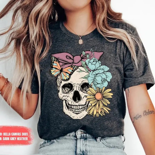 Bloom Skull Shirt, Halloween Shirt, Floral Skull Boho Graphic Tee, Womens Fall Shirt, Flower Skull Skeleton TShirt, Skeleton Blooms