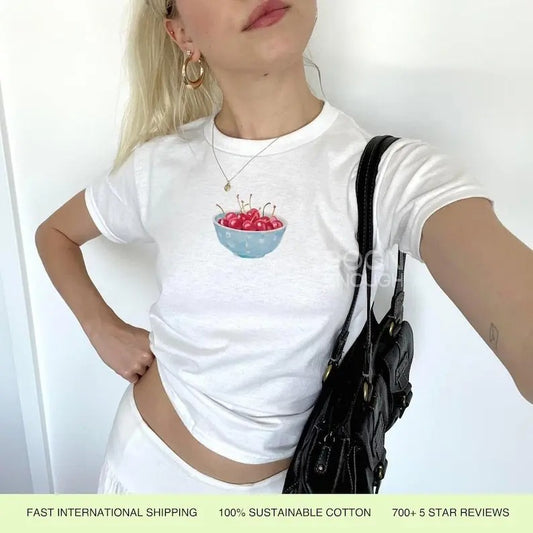 Blue Cherries 90s Baby Tee, Coquette Lightweight Unisex Cotton T-Shirt - Round Neck, Short Sleeve, Streetwear Top
