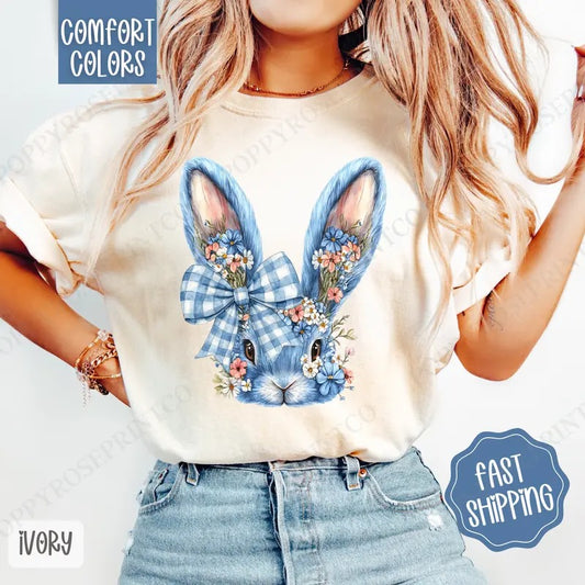 Blue Floral Bunny Shirt Comfort Colors, Easter Tshirt, Trendy Bunny Women's Tee, Gift for Her