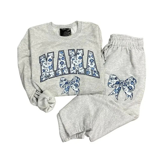 Blue Floral Mama Bow Sweater & Jogger Pants Sold Separately - Plus Size Options for Women's Clothing - Womenswear Comfort Crewneck