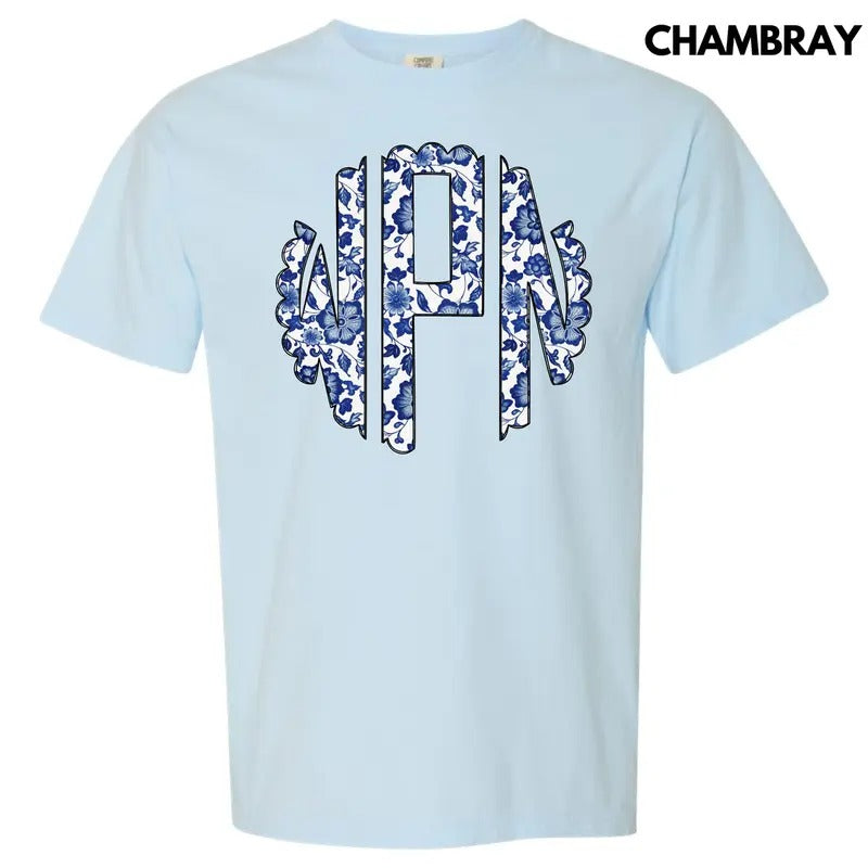 Blue Florals Monogram Comfort Colors T-Shirt 'NLB'