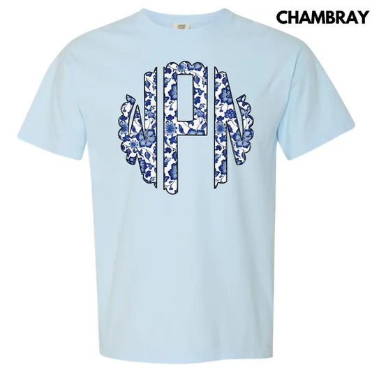 Blue Florals Monogram Comfort Colors T-Shirt 'NLB'