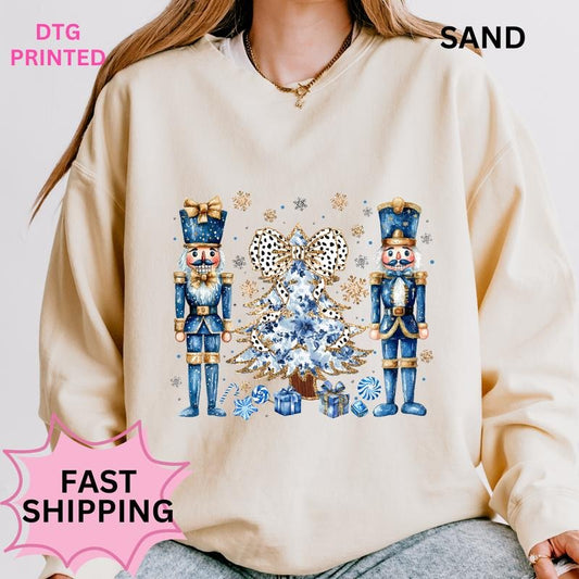 Blue Nutcracker Christmas Sweatshirt Winter Graphic Long Sleeve Casual Cotton Polyester Oversized sweatshirt - Comfort Crewneck Womenswear