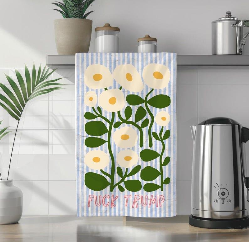 Blue Pin Stripes White Floral Tea Towel Fuck Trump Bold Boho Kitchen Decor Anti Trump Gift Anti Maga Mom Unique Home Decor Hand Towel