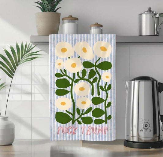 Blue Pin Stripes White Floral Tea Towel Fuck Trump Bold Boho Kitchen Decor Anti Trump Gift Anti Maga Mom Unique Home Decor Hand Towel
