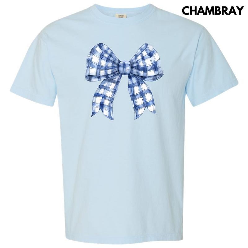 Blue Plaid Big Bow Comfort Colors T-Shirt 'NLB'