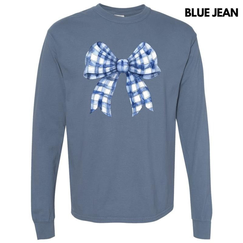 Blue Plaid Big Bow Long Sleeve Comfort Colors T-Shirt 'NLB'
