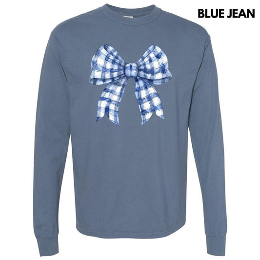 Blue Plaid Big Bow Long Sleeve Comfort Colors T-Shirt 'NLB'