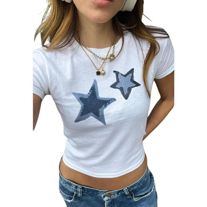 Blue Stars Womens Graphic Baby Tee Two Denim Star Shirt Trendy Aesthetic 90S Grunge Cool Girl Gift For Her Cotton