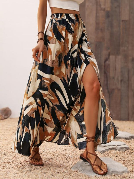 Boho Allover Print Slit Hem Maxi Skirt Summer High Waist A Line Skirt