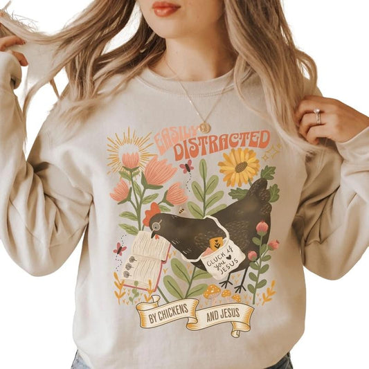 Boho Chickens And Jesus Sweatshirt, Funny Christian Chicken Shirt, Faith Based Sweatshirt, Homestead Mom Sweatshirt, Unisex Sweatshirt, Gifts For Her, Long Sleeve Crewneck Shirt, Unique Gifts For Women Sweater Fit Womenswear Comfortable Hoodie