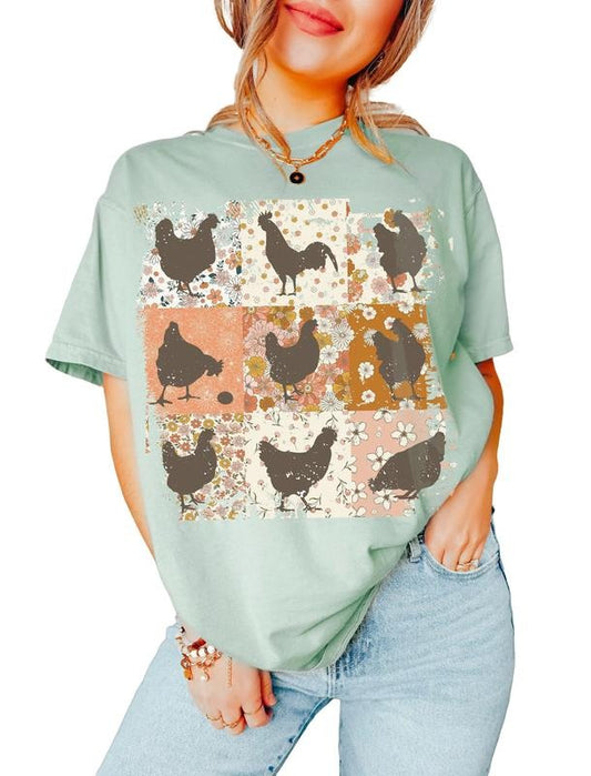 Boho Chickens Shirt, Retro Farmhouse Floral Backyard Chicken Tee, Cottagecore Aesthetic Clothing, Chicken Gift For Her, Unisex T-Shirt, Short Sleeve Tee Shirt, Gifts For Women, Gifts For Birthday Mothers Day Christmas Fit Top