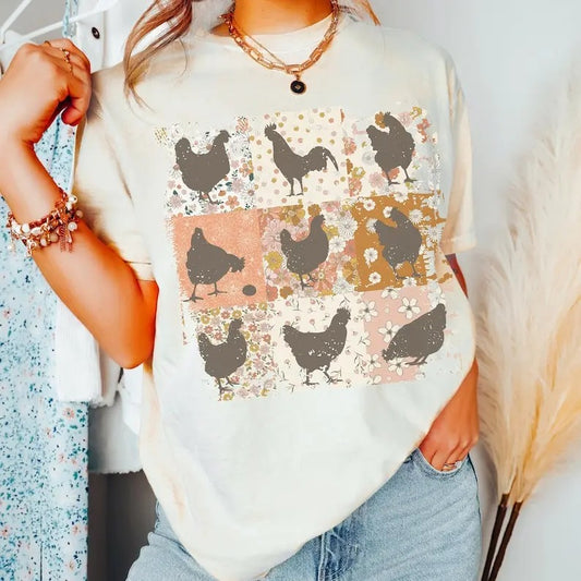 Boho Chickens Shirt, Retro Farmhouse Floral Backyard Chicken Tee, Cottagecore Aesthetic Clothing, Chicken Lightweight Minimalist Petite