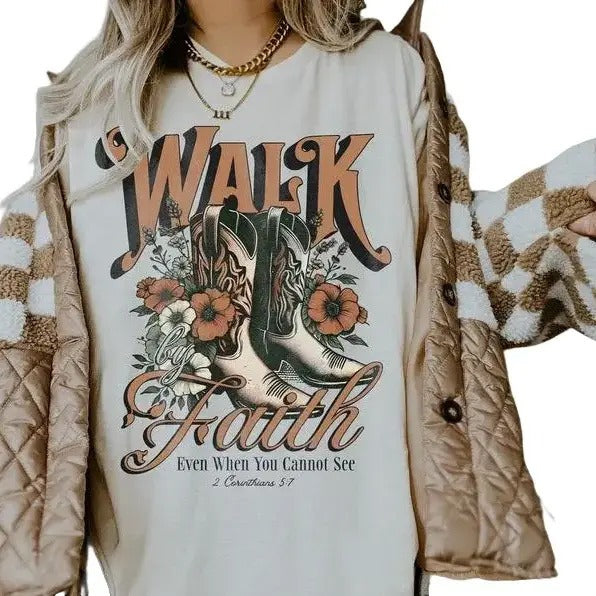 Boho Christian Shirts, Christian T-Shirts, Bible Verse Shirt, Trendy Christians T Shirts, Jesus Apparel Clothing Shirt. Walk By Faith Tee, Gift for Her Cotton Fabric Casual Top Womenswear Bottom Collar Everyday