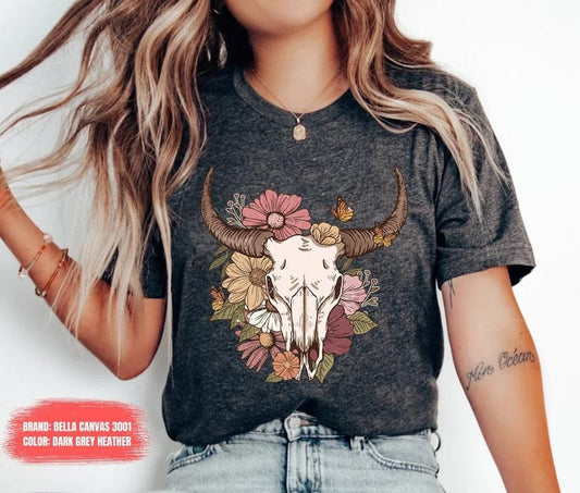 Boho Cow Skull Shirt, Country shirt, Wild west Shirt, Western Graphic Tee, Cowgirl Shirt, Bull Skull Shirt, Southwest Shirt Western Clothing