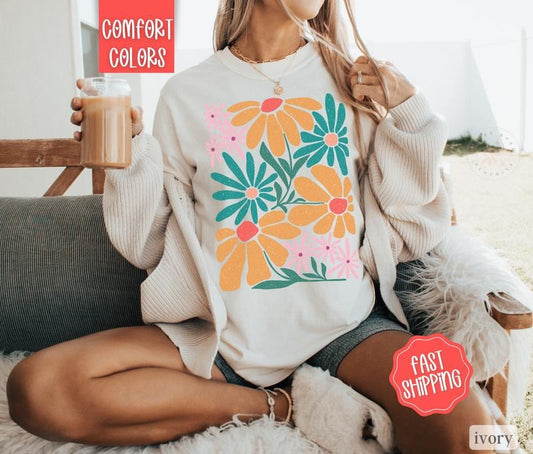 Boho Floral 8 Shirt Comfort Colors, Wildflower Tshirt, Boho Tee, Oversized Women's Shirt