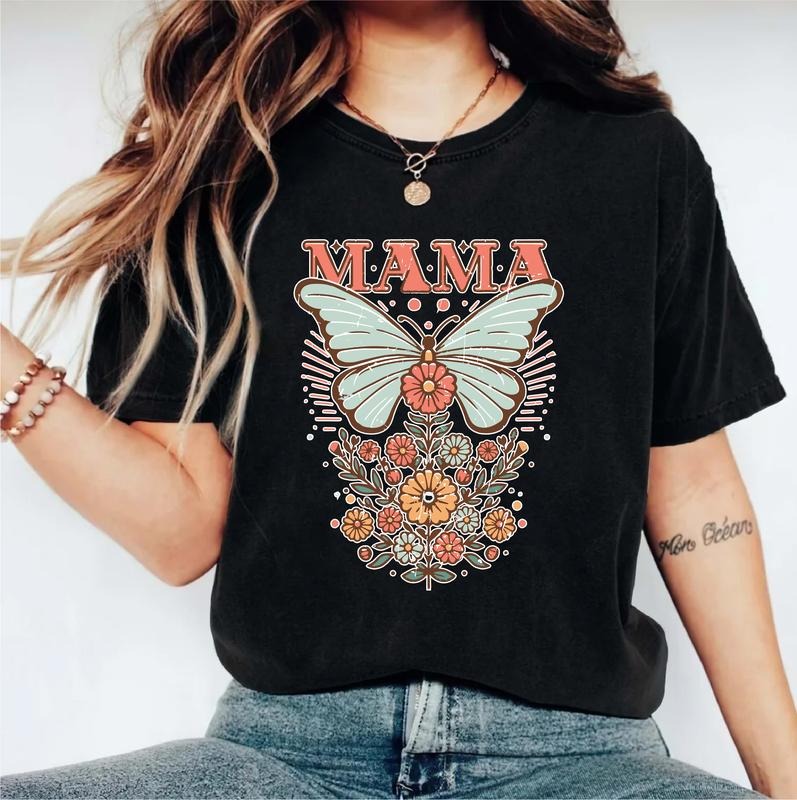 Boho Floral Mama Shirt, Butterfly Lover Mom T-shirt, New Mom Gift Tee, Mothers Day Gift Idea, Spring Vibes Tee For Mommy, Flower Lover Grandma Tee.