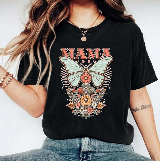 Boho Floral Mama Shirt, Butterfly Lover Mom T-shirt, New Mom Gift Tee, Mothers Day Gift Idea, Spring Vibes Tee For Mommy, Flower Lover Grandma Tee.