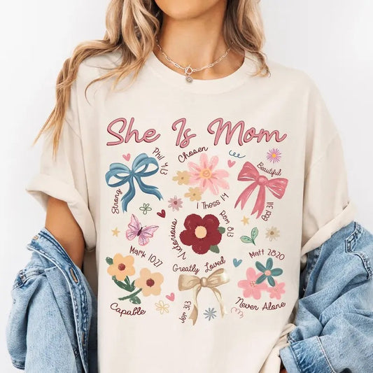 Boho Floral Mama T-shirt, She is Mom Graphic Tee, Mothers Day, Christian Mama, Floral Spring, Bible Verse, Mama WildflowerT-shirt Womenswear Cotton