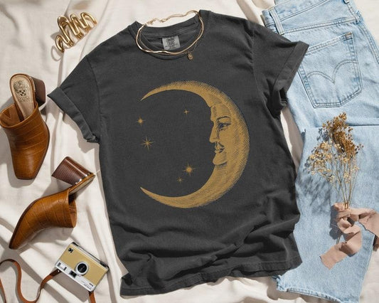Boho Moon Shirt, Retro T-shirt TShirt for Women, Spiritual Astrology T Shirt, Vintage Graphic Tee, Celestial Trendy Yoga Shirt Gift