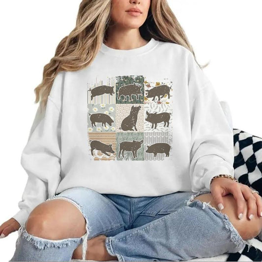 Boho Retro Pet Pigs Sweatshirt, Hoodie, Floral Farmhouse T-shirt Farm Girl Crewneck Sweater, Pig Lover Gifts for Unisex Cotton Womenswear