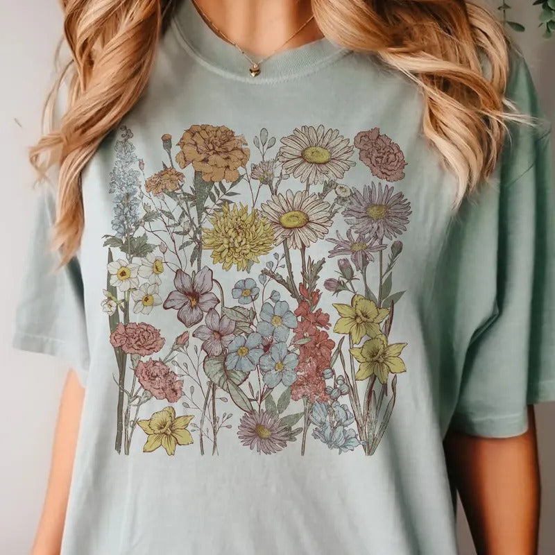 Boho Spring Flowers Graphic Tee Summer Floral Tshirt Neutral Floral Bouquet T-Shirt Casual Unisex Flower Top