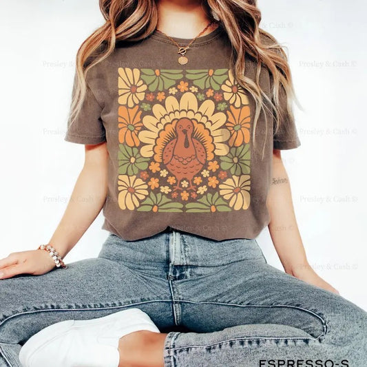 Boho Thanksgiving T-Shirt, Cute Thanksgiving Shirts Matching Family Shirts Retro Turkey Graphic Tee Trendy Thankful Shirt