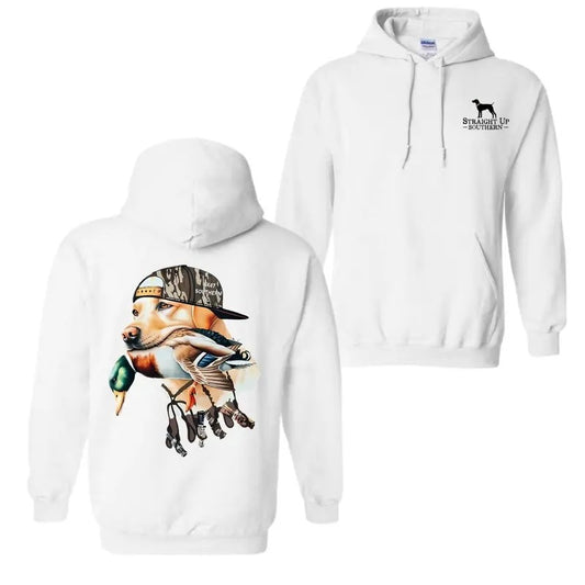Bold Hunting Dog with Duck Graphic, Perfect for Outdoor Enthusiasts and Waterfowl Hunters, Unisex Hoodie Fabric Menswear Fabric Menswear