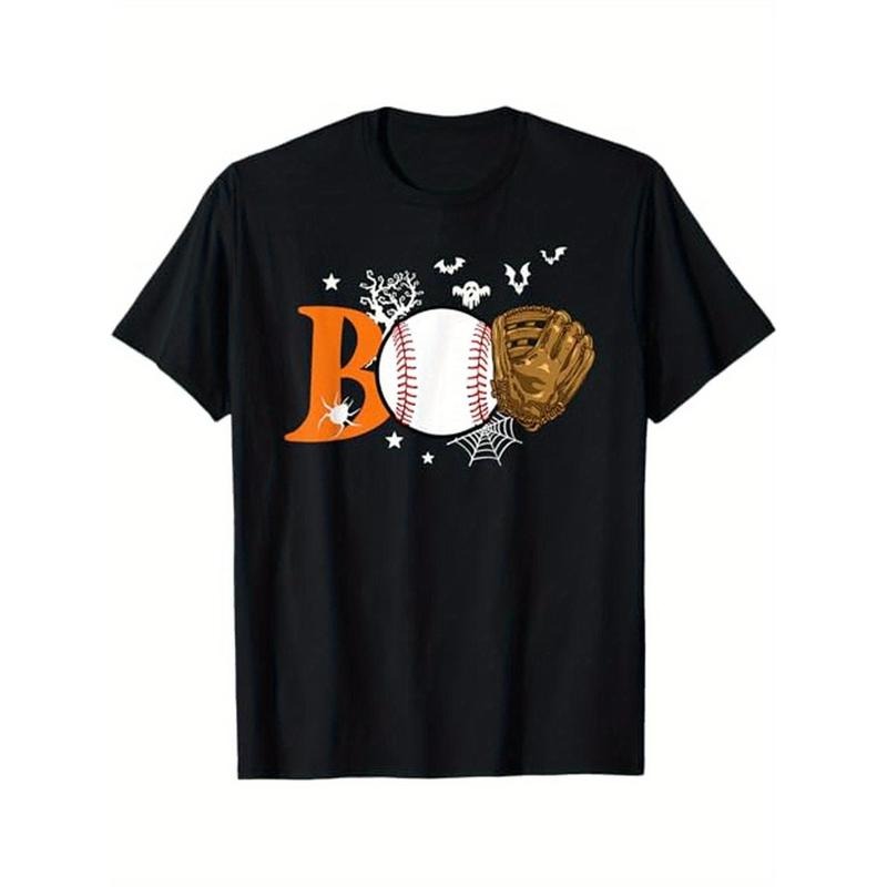 Boo Baseball Halloween Player Catcher Pitcher Spooky Season Themed T-Shirt. Suitable as a Halloween gift for baseball lovers. 100% cotton black T-shirt. S - XXXL. made in usa