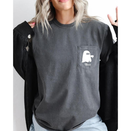 Boo Thumb, Ghost, Halloween Pocket Tee, Women's, Comfort Colors Tee, Spooky, Tshirt, Witch, Pumpkin, Ghost, Skeleton