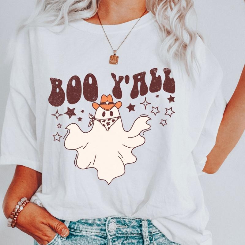 Boo Y'all Western Ghost Shirt ~ Unisex Apparel Relaxed Fit Printed In The USA Clothing Womenswear Casual Comfort Cotton Top Athletic Boho Chic Everyday Flamingo