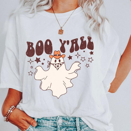 Boo Y'all Western Ghost Shirt ~ Unisex Apparel Relaxed Fit Printed In The USA Clothing Womenswear Casual Comfort Cotton Top Athletic Boho Chic Everyday Flamingo