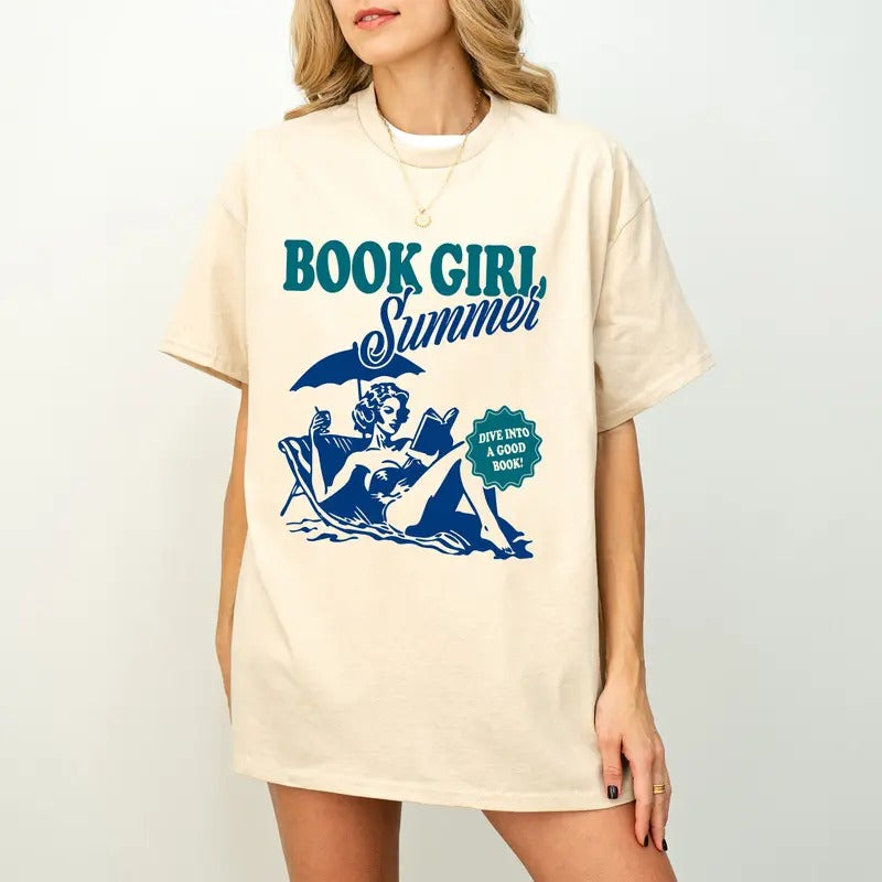 Book Girl Summer Shirt, Beach Book Lover Shirt, Summer Bookish Tee, Funny Reader Oversized Beach TShirt, Bookish Vacation T-Shirt, Coconut Girl Romance Book Shirt, Vintage Book Girl TShirt