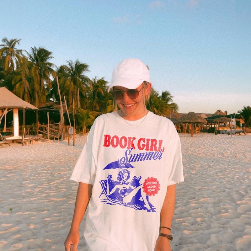 Book Girl Summer T-Shirt | Beach Book Lover Summer Bookish Funny Reader Oversized Beach Shirt Bookish Vacation Shirt Coconut Girl Romance Book