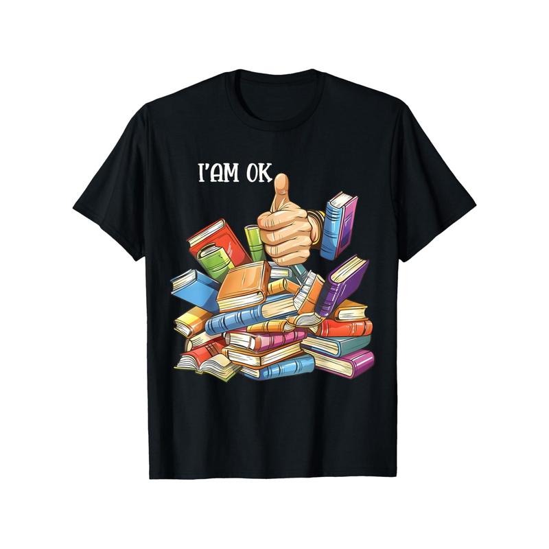 Book Lover Themed T-Shirt - 100% Cotton Crew Neck Tee with Colorful Book Stack & Thumbs Up Graphic - Comfortable, Breathable, Lightweight - Casual Style for All Seasons - Unisex Made in USA
