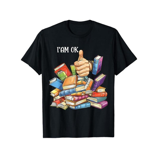 Book Lover Themed T-Shirt - 100% Cotton Crew Neck Tee with Colorful Book Stack & Thumbs Up Graphic - Comfortable, Breathable, Lightweight - Casual Style for All Seasons - Unisex Made in USA