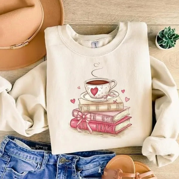 Book Lover Valentine Sweatshirt, Gift for Book Lovers, Coquette Valentine Bookish Tshirt, Bookworm Coffee Tee, Reading Sweater,Reading Shirt