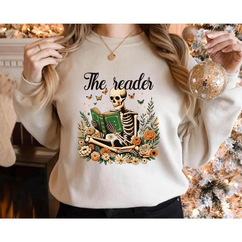 Book Reading Skeleton Sweatshirt, Gothic Skeleton Shirt, Floral Skeleton Tee, Book Lovers Sweater, Wild Flower Shirt, Skeleton Lovers Shirt