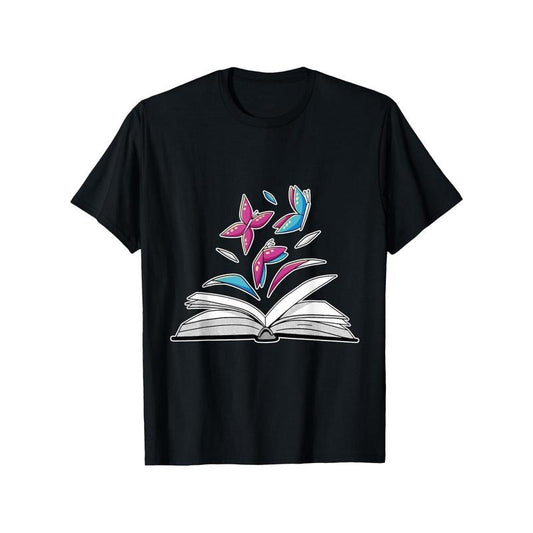 Book and Butterflies Graphic T-Shirt - 100% Cotton, Casual Crew Neck, Short Sleeve, All-Season Comfort, Printed Design, Slight Stretch, Regular Fit, No Padding - Ideal for Weekend Wear, Gift for Men & Women - Black Made in USA
