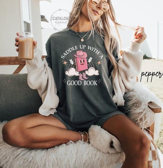 Bookish Cowgirl tshirt, Saddle up with a good book, Retro Western Book Lover Shirt,Country Bookish Tee, Country Girl Reader, Coastal cowgirl