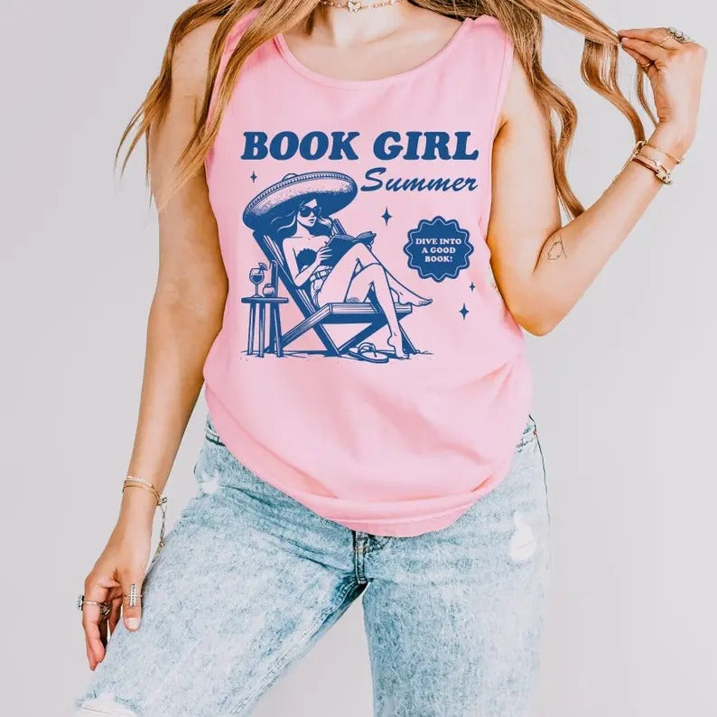 Bookish Tees Book Girl Summer Tank Top Funny Bookish Gift for Her Summer Reading Shirt Oversized Beach Tank Book Lover Tank Coconut Girl Bookish Shirt