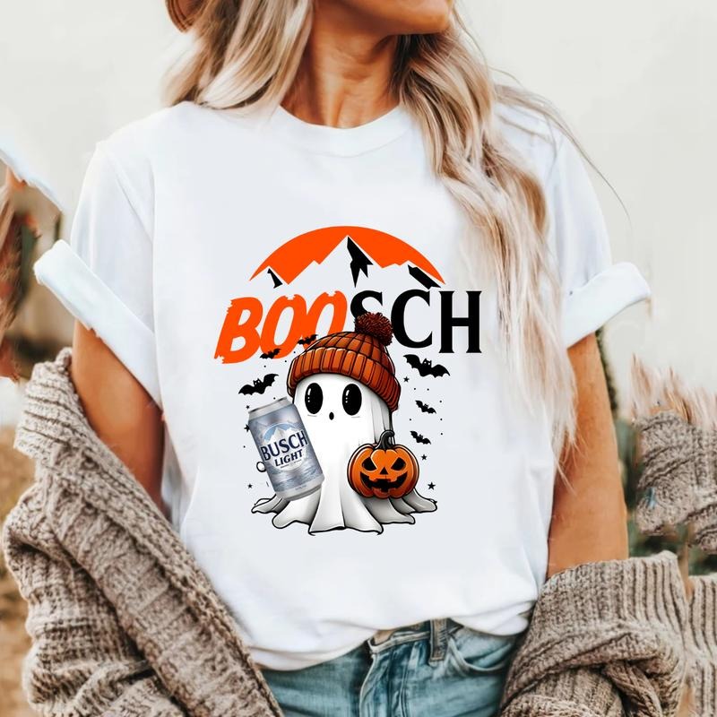 Boosch Light Cute Boo Ghost Halloween Double Sided T-shirt for Women - Casual & Trendy Halloween Top with Ghost Design & Busch Light Logo